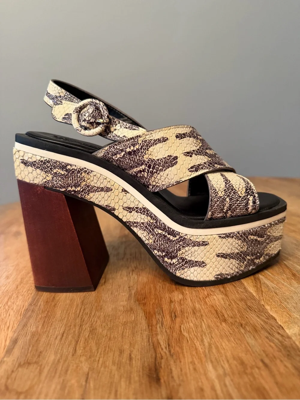 Vince Camuto Cream and Brown Snake-Print Platform Slingback